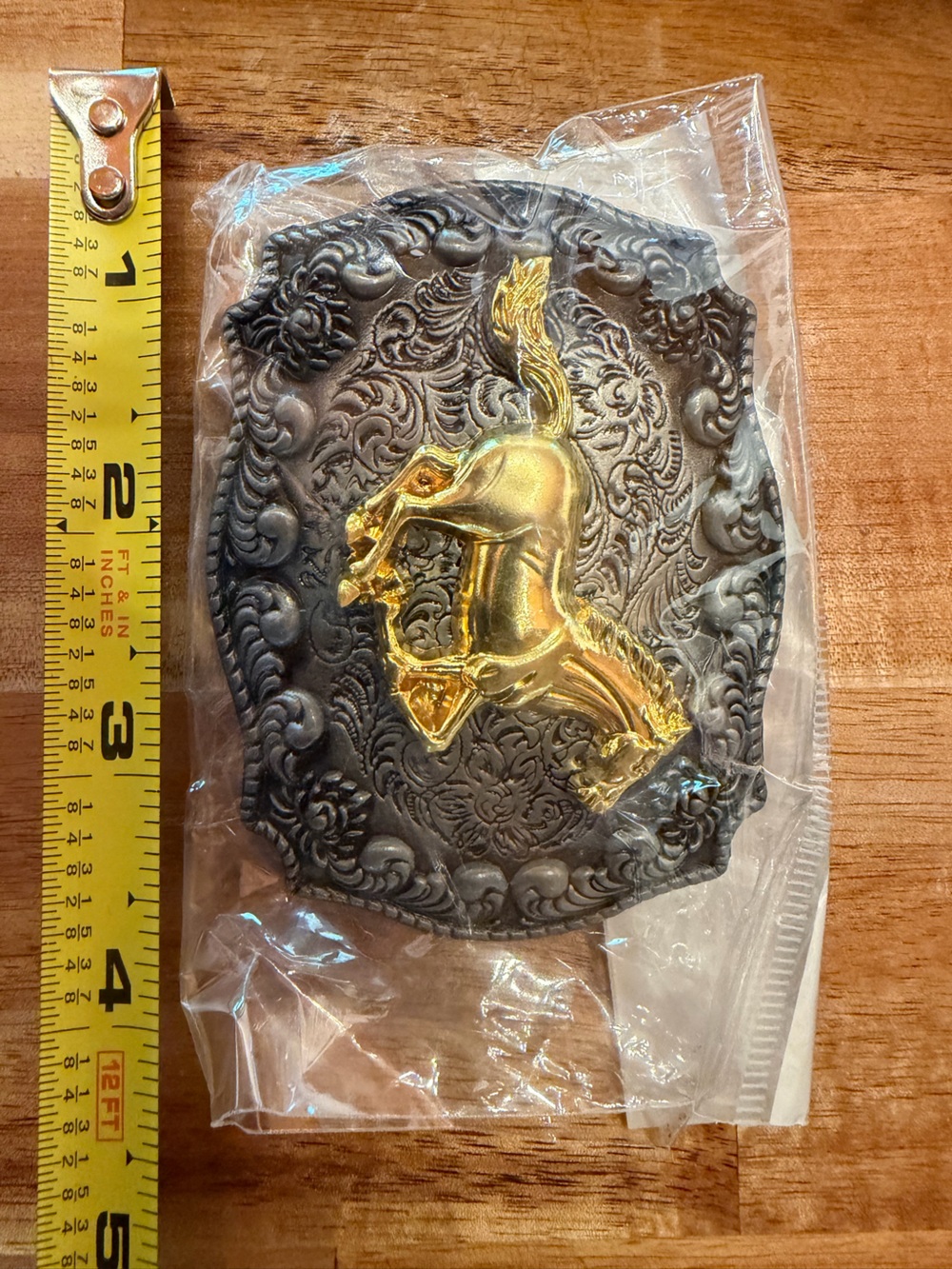 Gold Horse on Embossed Dark Silver Belt Buckle